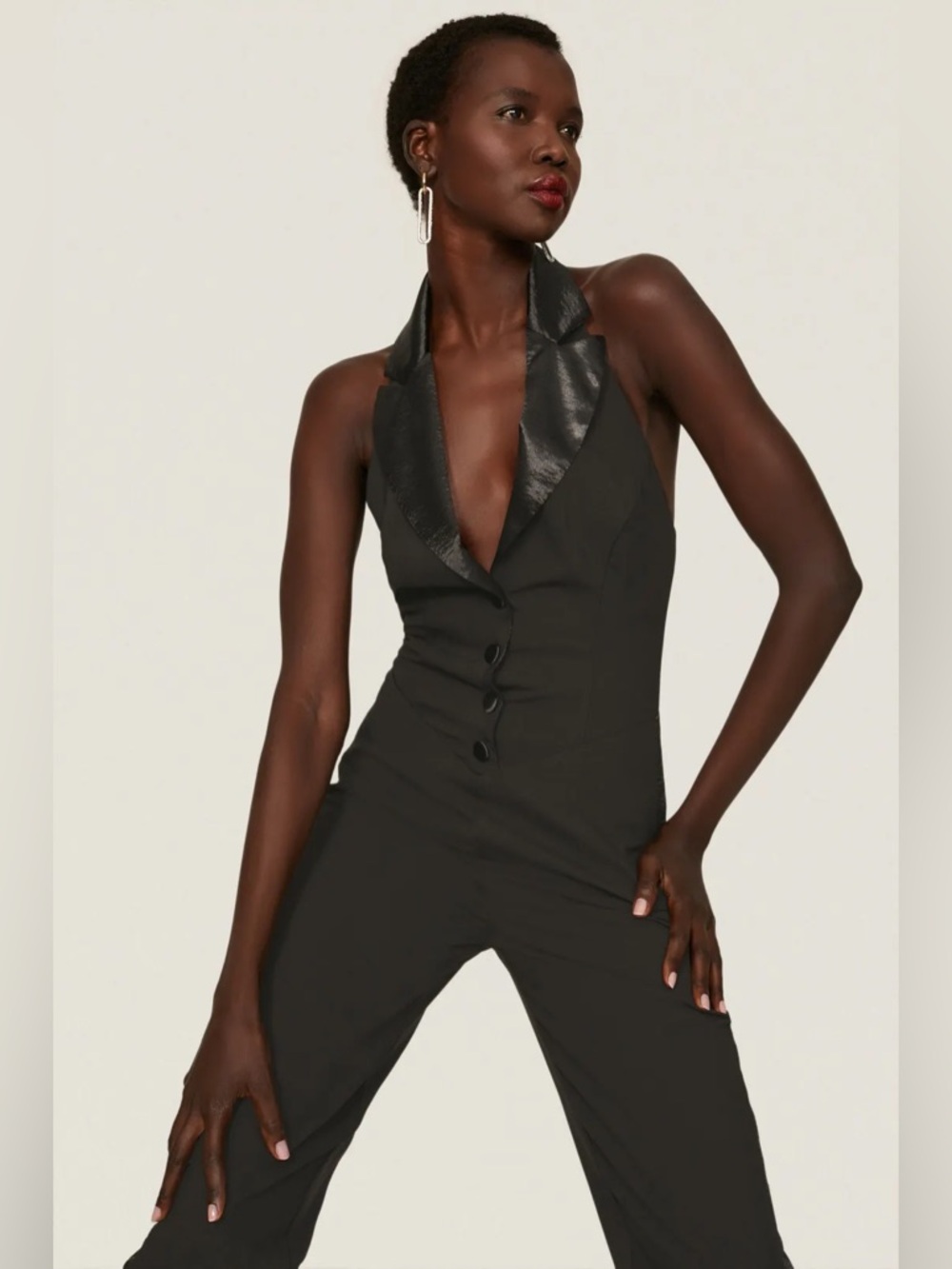 Ashley Park Rent The Runway $395 Nightcap Tuxedo Halter Cropped Jumpsuit 8 US 6